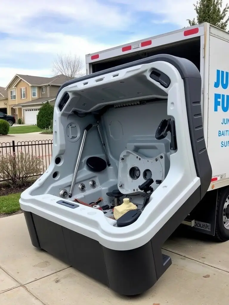 A dismantled hot tub being loaded onto a Junk Fixer truck. Emphasize the size and complexity of the hot tub removal process.