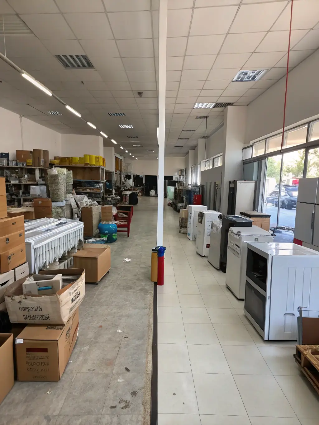 A cluttered storage unit before junk removal, followed by a picture of the same unit completely empty and clean after The Junk Fixer's service.