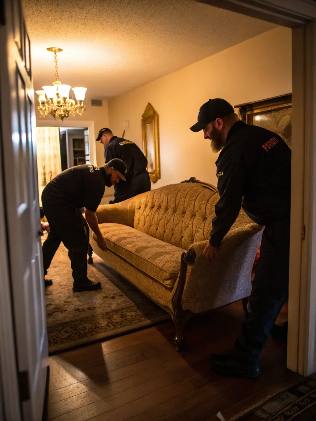 A Junk Fixer team carefully removing an old sofa from a customer's living room. Show the team working professionally and the customer satisfied.