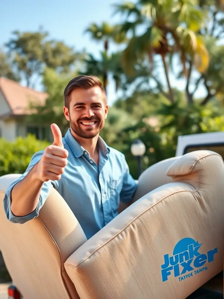 A friendly Junk Fixer team member smiling and giving a thumbs up while loading a sofa onto a truck in a sunny Tampa neighborhood.