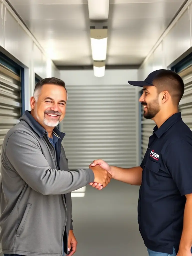 A customer shaking hands with a Junk Fixer team member, both smiling, in front of a clean and empty storage unit in Tampa.