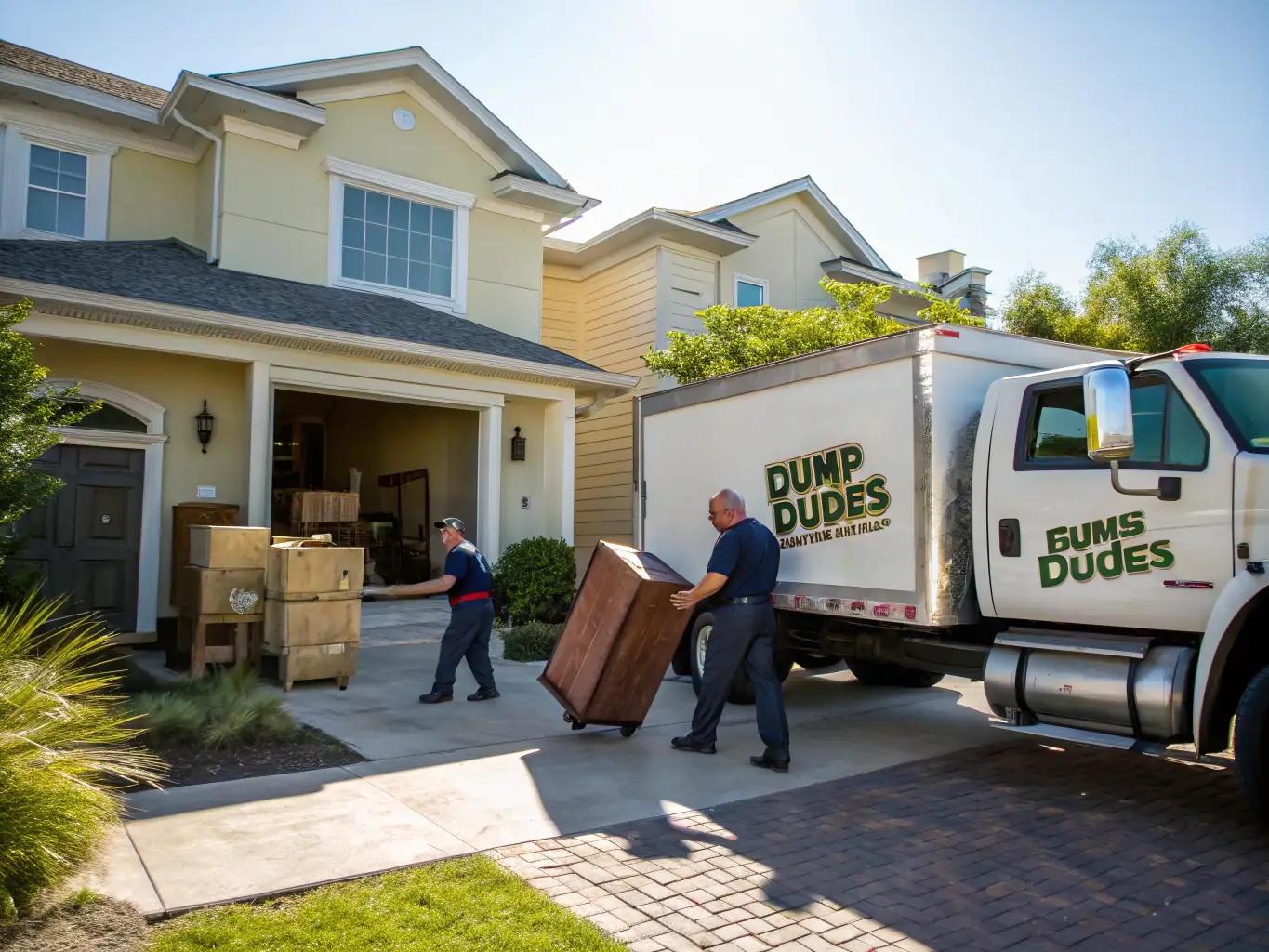 A photograph depicting a curbside pickup service in Tampa, FL, with The Junk Fixer truck efficiently removing bagged trash and discarded items from the curb.