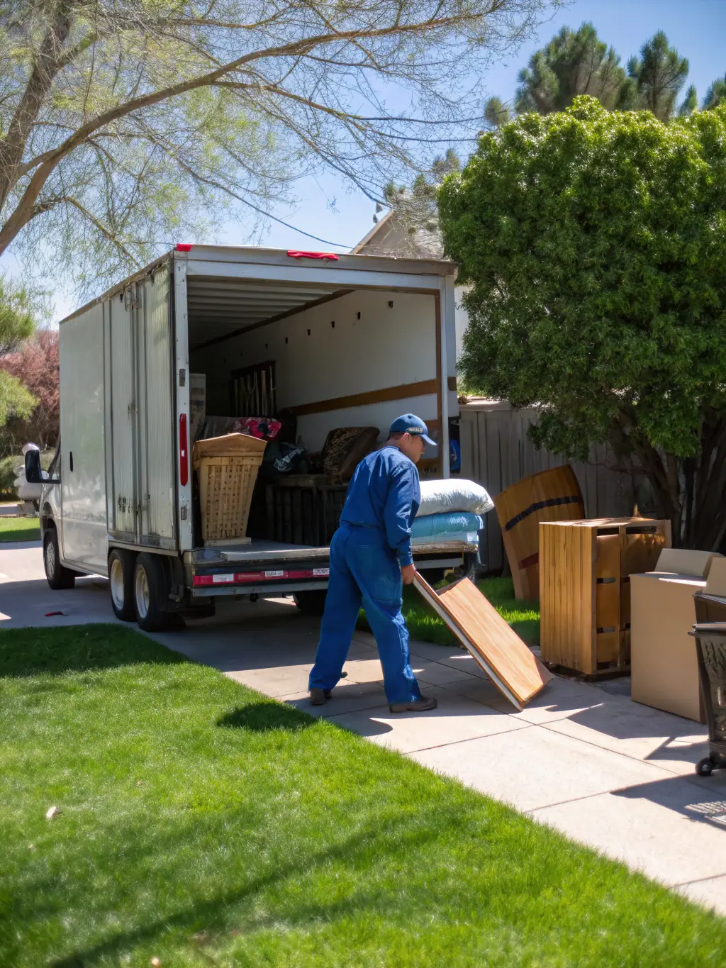 An organized Junk Fixer truck parked neatly in front of a residential property in Tampa, with team members efficiently removing items.