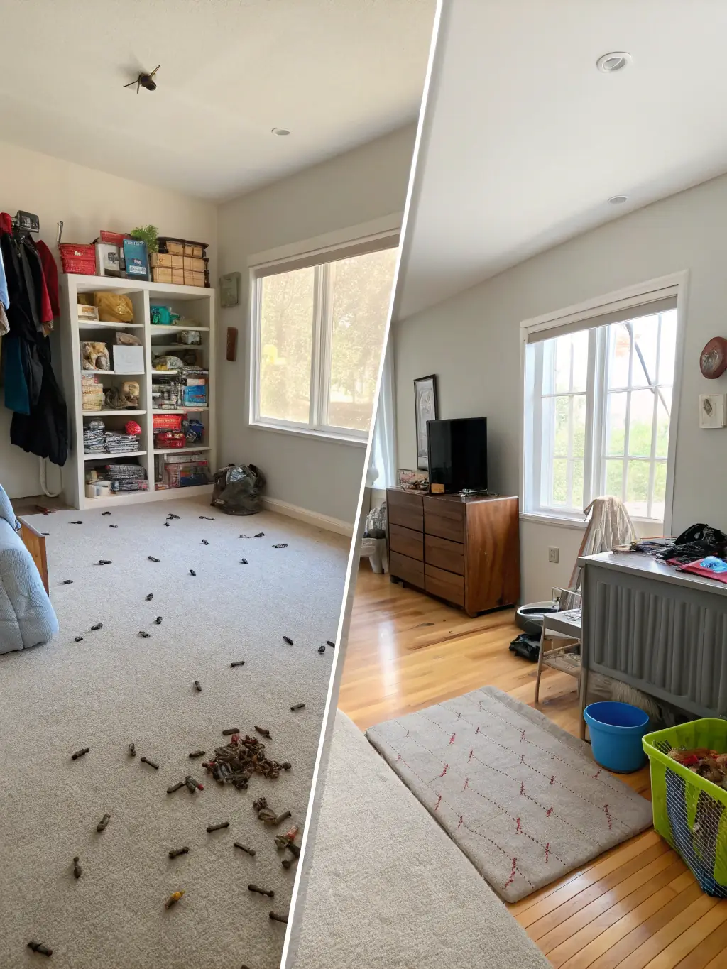 A before-and-after shot showcasing a dramatically decluttered space after The Junk Fixer's services, highlighting the transformation.