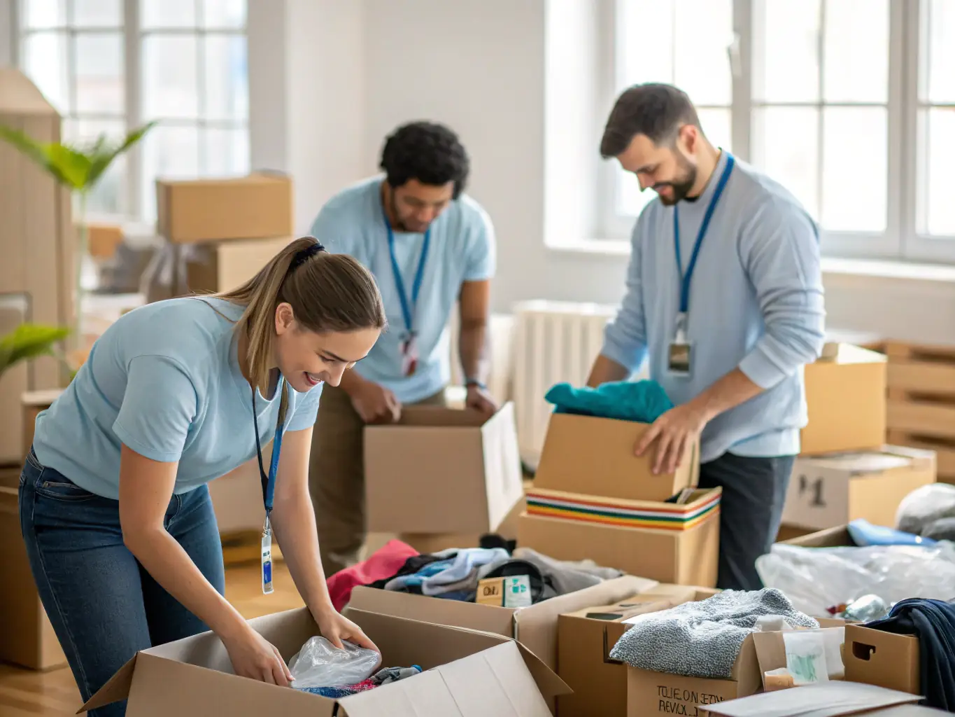 A photograph illustrating a storage unit cleanout service by The Junk Fixer in Tampa, FL, with the team organizing and removing items from a cluttered storage space.