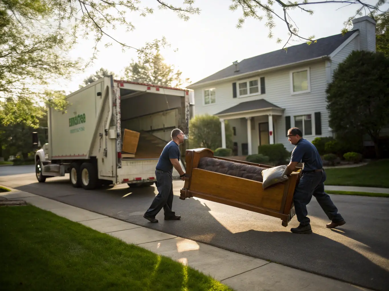 A photograph showcasing The Junk Fixer team performing a full-service junk removal at a residential property in Tampa, FL, efficiently clearing out furniture and appliances.